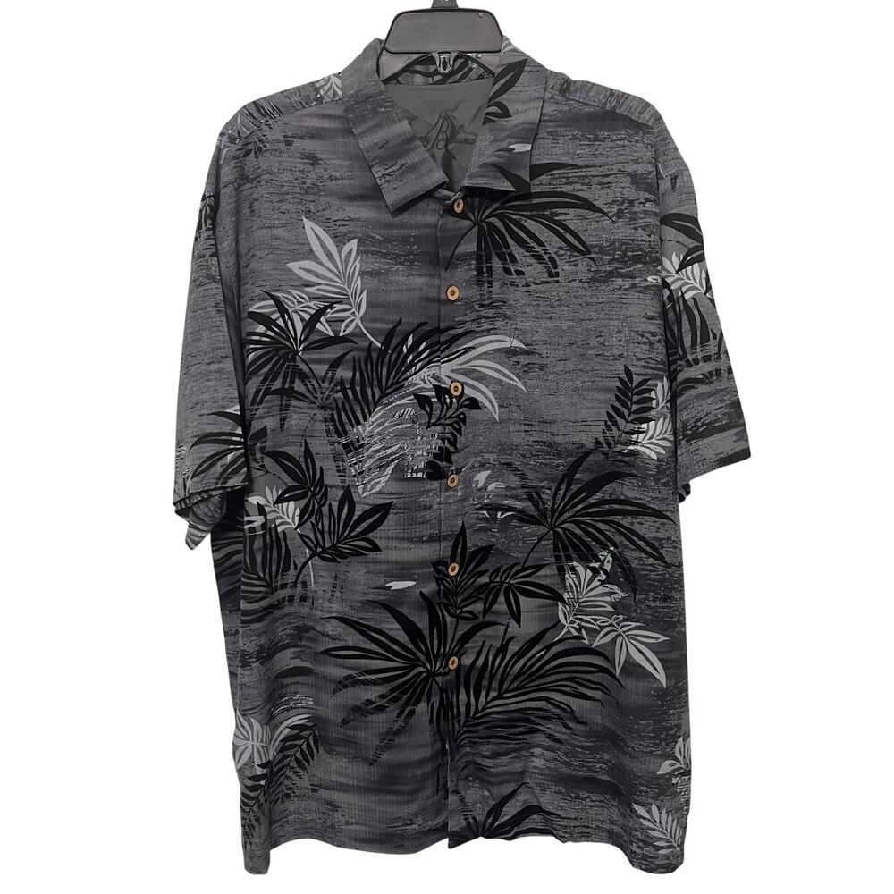 Tommy Bahama Silk Shirt Men XL Gray Black Palm Leaf Floral Hawaiian Camp Coastal